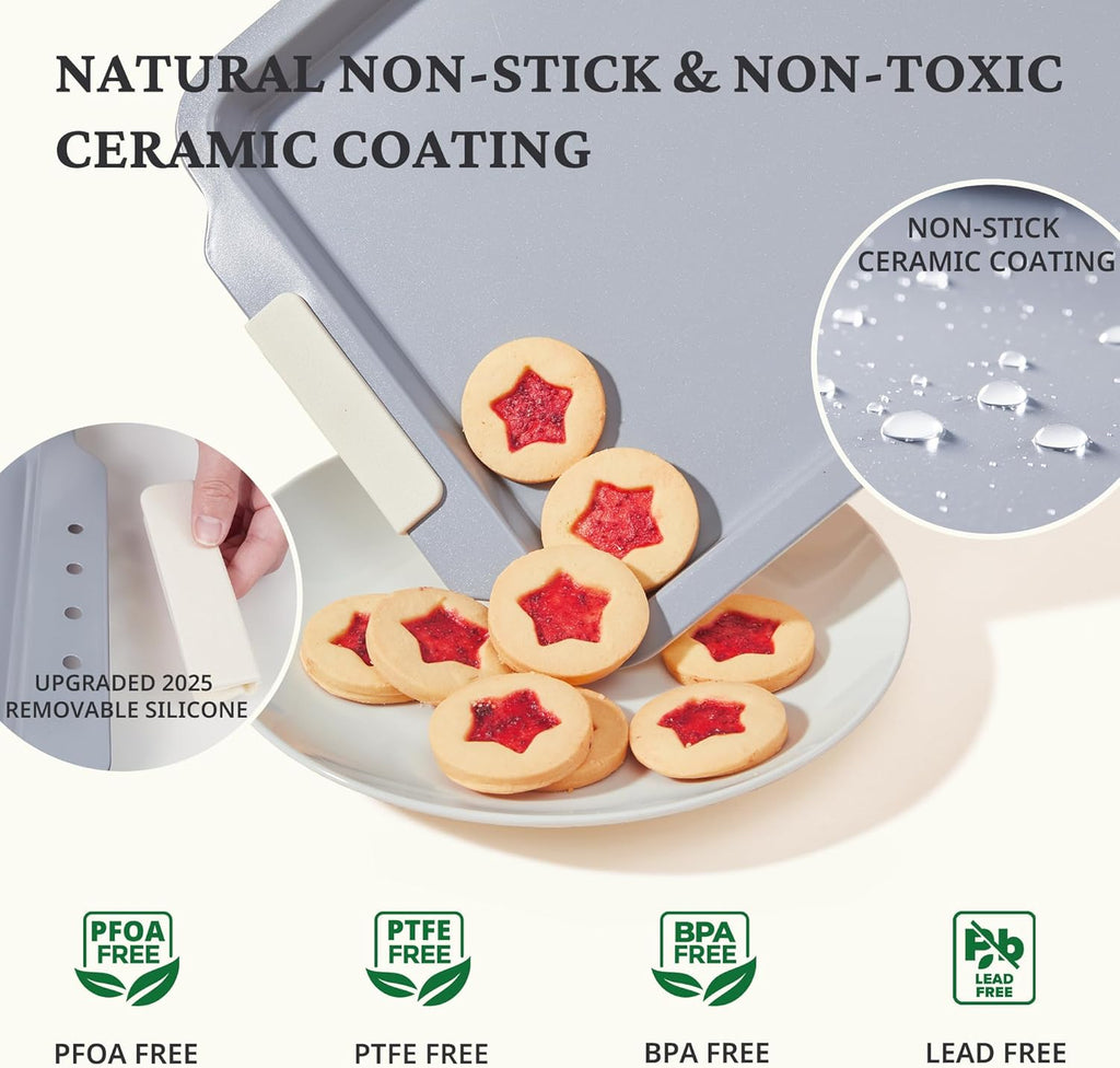 BRONYPRO Non Stick Ceramic Baking Sheet Pan Set of 3, Natural Non Toxic Cookie Sheets for Baking - PFOA, PTFE Free, Heavy Duty Aluminized Steel Oven Trays for Cooking with Silicone Handles, Cream
