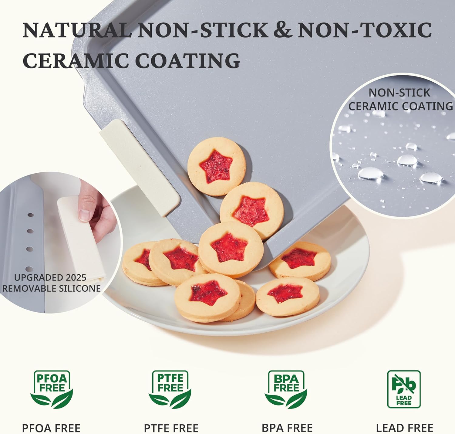 BRONYPRO Non Stick Ceramic Baking Sheet Pan Set of 3, Natural Non Toxic Cookie Sheets for Baking - PFOA, PTFE Free, Heavy Duty Aluminized Steel Oven Trays for Cooking with Silicone Handles, Cream