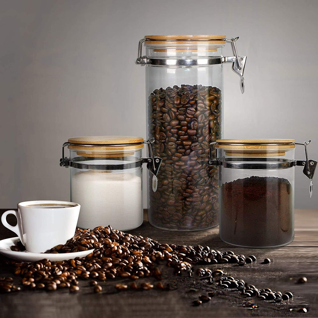 Set of 5 Borosilicate Glass Sugar Packet Holder Food Storage Jar Containers with Airtight Bamboo Clamp Lid, Airtight Canisters for Kitchen Bathroom and Pantry Organization, Cookie Jars for Flour