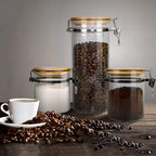 Set of 5 Borosilicate Glass Sugar Packet Holder Food Storage Jar Containers with Airtight Bamboo Clamp Lid, Airtight Canisters for Kitchen Bathroom and Pantry Organization, Cookie Jars for Flour