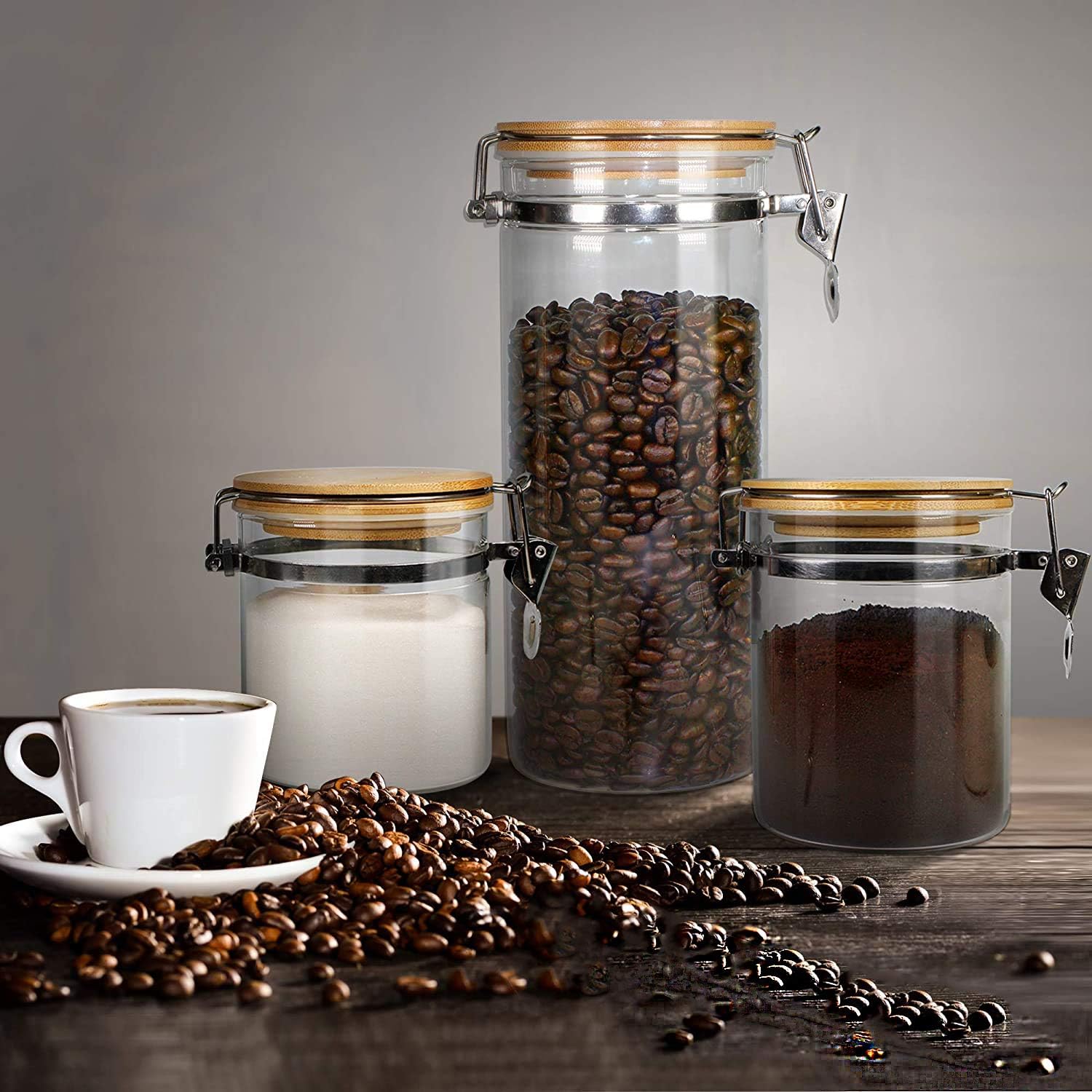 Set of 5 Borosilicate Glass Sugar Packet Holder Food Storage Jar Containers with Airtight Bamboo Clamp Lid, Airtight Canisters for Kitchen Bathroom and Pantry Organization, Cookie Jars for Flour