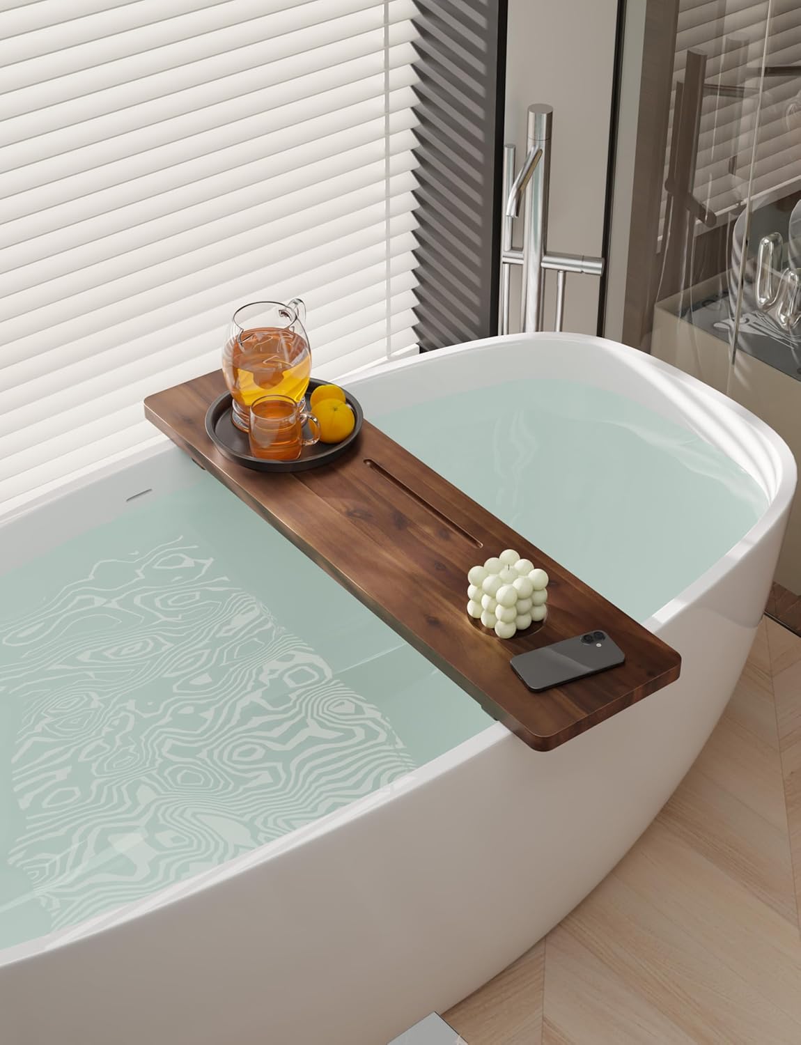Tinamo 35”L Wooden Bathtub Tray, Bathtub Caddy Tray For Tub with Tablet Slot & Wine Holder - Acacia Bath Tray For Tub, Bath Table - Bathtub Tray Table with Adjustable Legs (Walnut color, 35"x 9"x2.5")