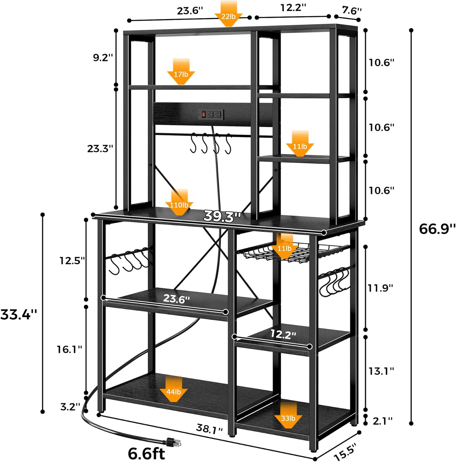 SUPERJARE Large Bakers Rack with Power Outlets, 6-Tier Microwave Stand, Coffee Bar with 12 S-Shaped Hooks, Kitchen Shelf with Wire Basket, 39.3 x 15.5 x 66.9 Inches, Black
