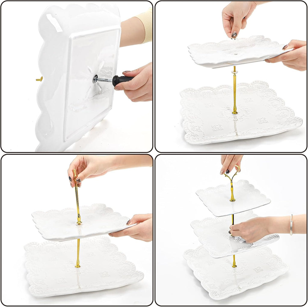 Tebery 2 Pack 3-Tier White Ceramic Embossed Dessert Cake Tower Stand with Gold Carry Handle, Cupcake Stand Serving Trays, Porcelain Party Food Server Display Holder