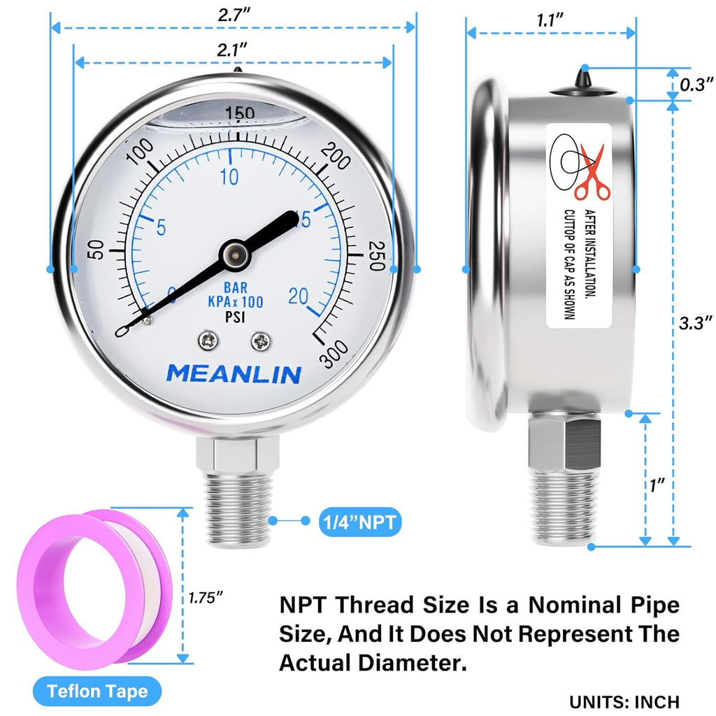 MEANLIN MEASURE 0~300Psi Liquid Filled Pressure Gauge Stainless Steel with 316 Stainless Steel Joint 1/4" NPT 2.5" FACE DIAL for Air Compressor Air Regulator Water Filter Center Lower Mount