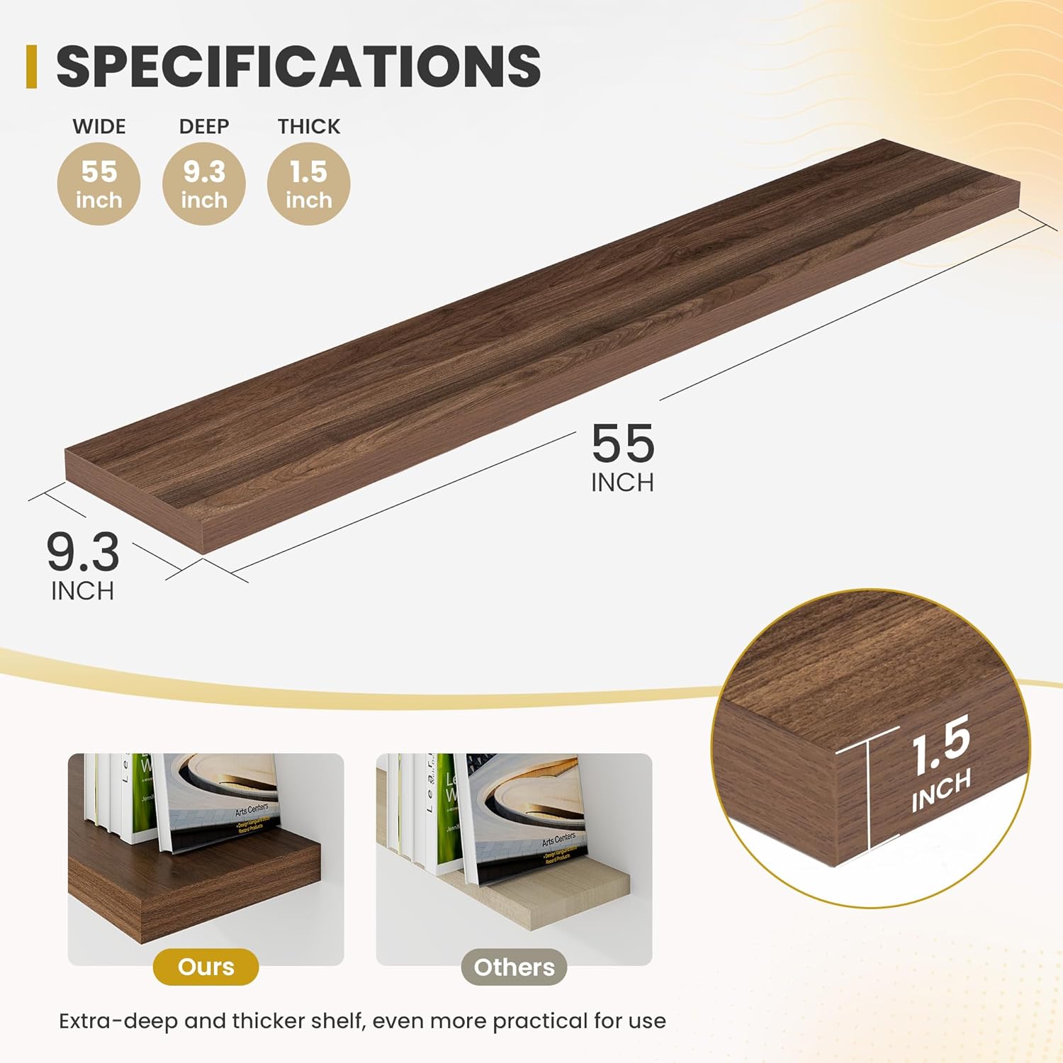 55 Inch Floating Shelves, 9.3" Deep Floating Shelf Wall Mounted, 56" Wall Shelves, Rustic Deep Bookshelf, Large Display Shelves & Storage Shelves for Bedroom, Living Room, Brown, Set of 1