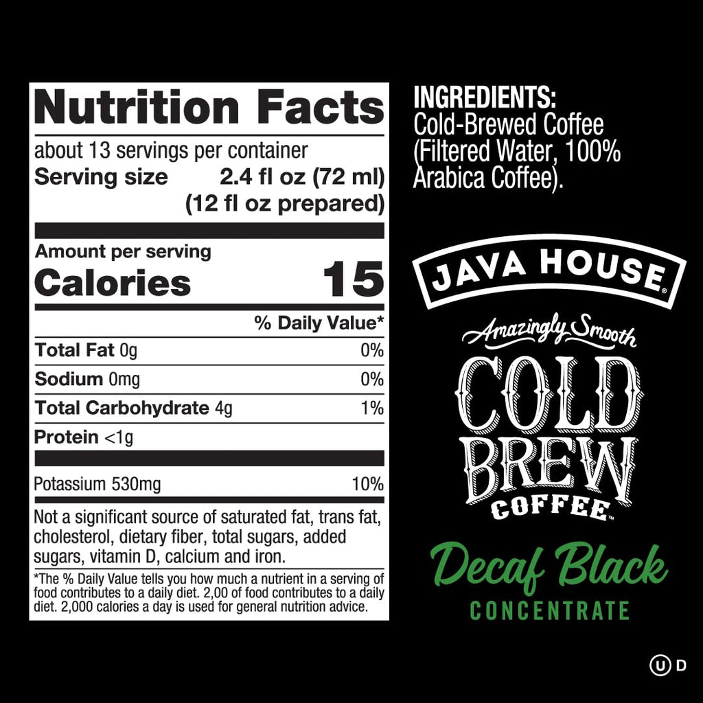 JAVA HOUSE Cold Brew Coffee, Decaf Colombian 4:1 Liquid Concentrate, 32 Ounce Bottle
