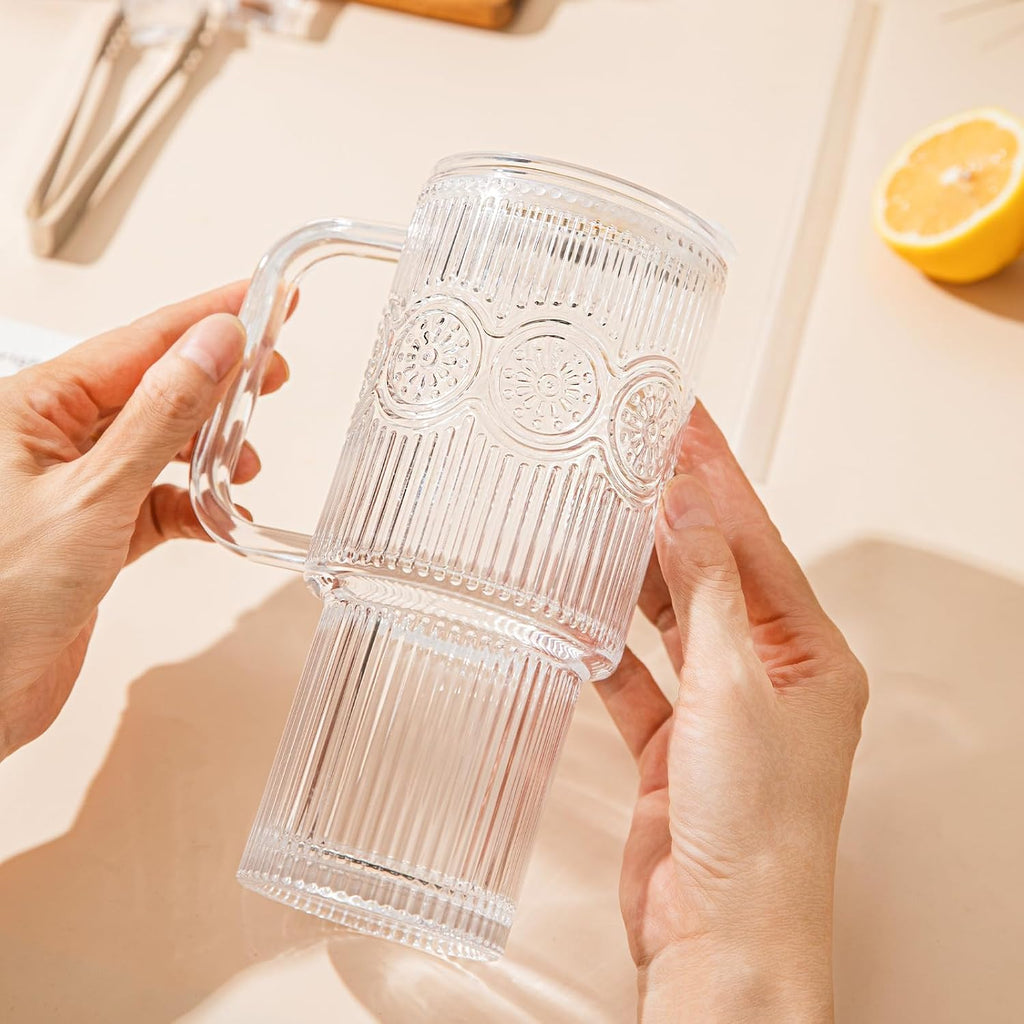 26oz Ribbed & Floral Glass Tumbler with Handle – Smoothie Cup with Lid & Straw – Reusable Iced Coffee Tumbler for Hot & Cold Drinks – Perfect for Smoothies, Matcha,Whiskey (Set of 1)