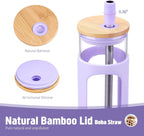 Kodrine 24oz Glass Tumbler with 2 Lids and Straws, Glass Cup With Bamboo Lid and On-the-go Lid, Reusable Iced Coffee Cup, Ideal for Smoothie, Cold Drinks, Fit Cup Holder, BPA Free (1, Purple)