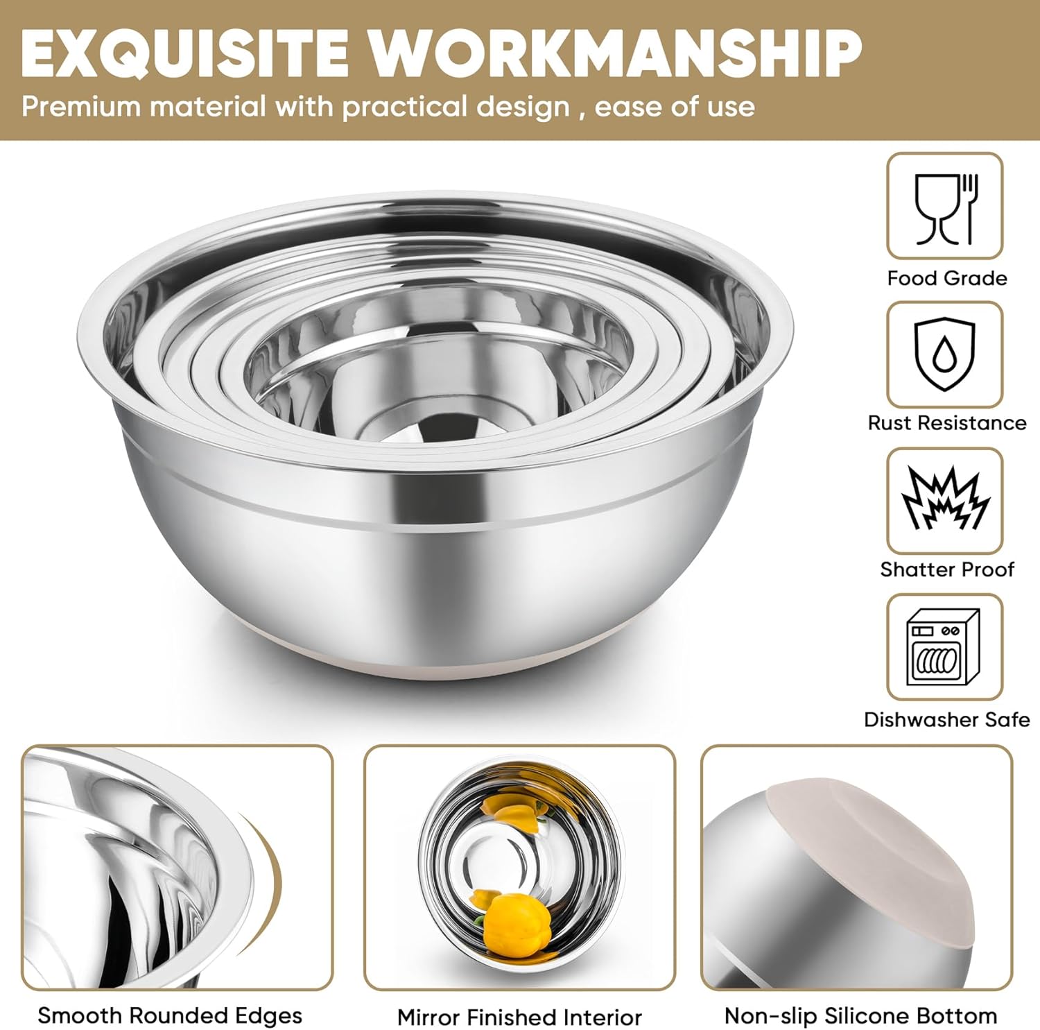 TeamFar Khaki Mixing Bowls, Stainless Steel Metal Nesting Salad Bowls with Airtight Lids Set of 5, Healthy & Heavy Duty, Non-slip Bottom & Airtight Lid, 7/3.5/2.5/1.5/1 QT