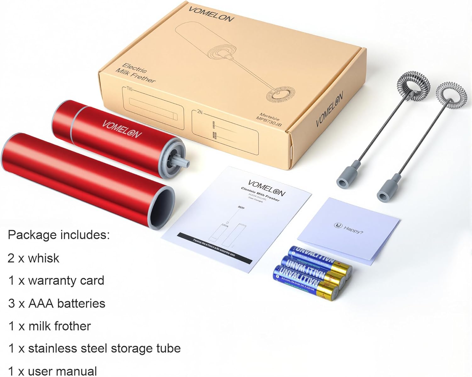 Milk Frother Handheld, Battery Operated Coffee Foamer Drink Mixer with 2 Stainless Steel Electric Whisks for Coffee, Latte, Cappuccino, Hot Chocolate, Protein， Batteries Included, Ruby Red