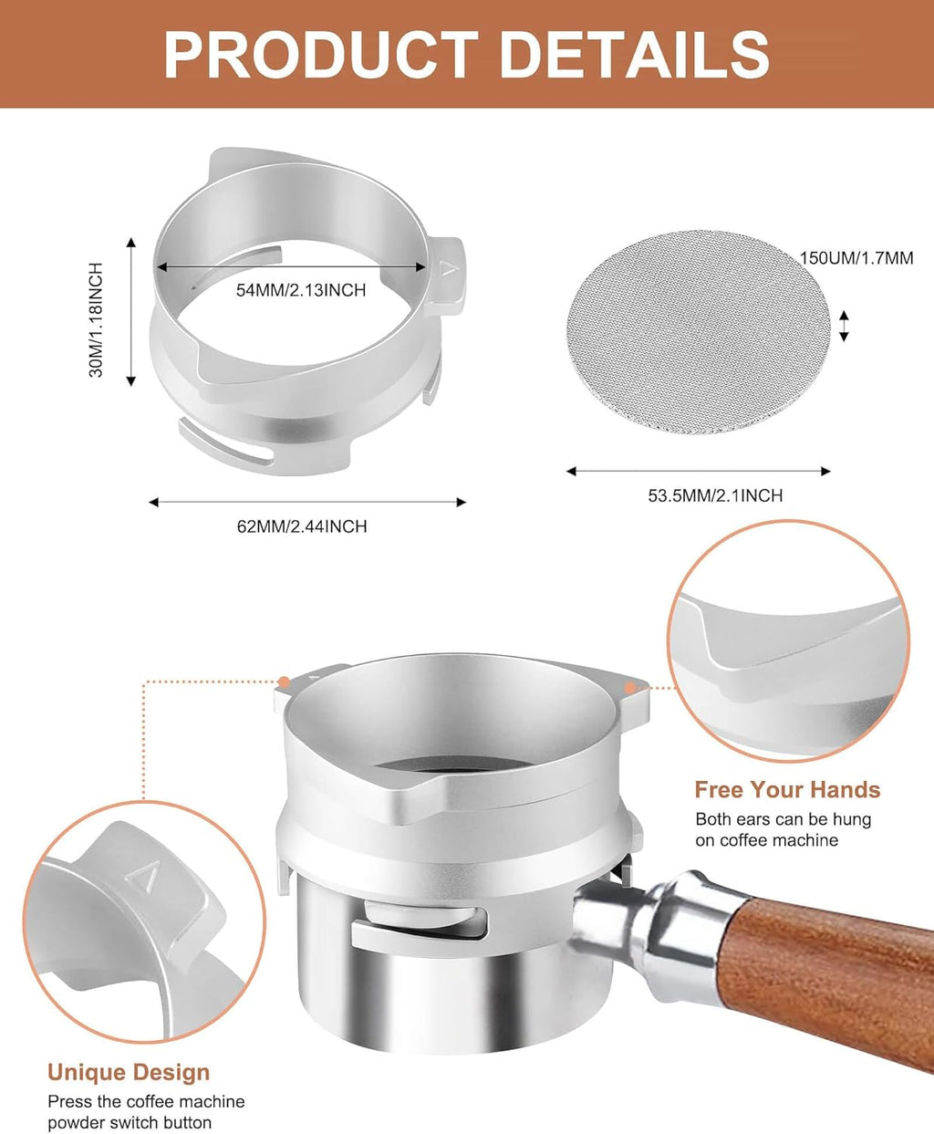 54mm Coffee Dosing Funnel, Hands-Free Aluminum Dosing Ring & 53.5mm Stainless Steel Puck Screen, Espresso Accessories suitable for 54mm Breville Barista Portafilters, with Grinding Trigger