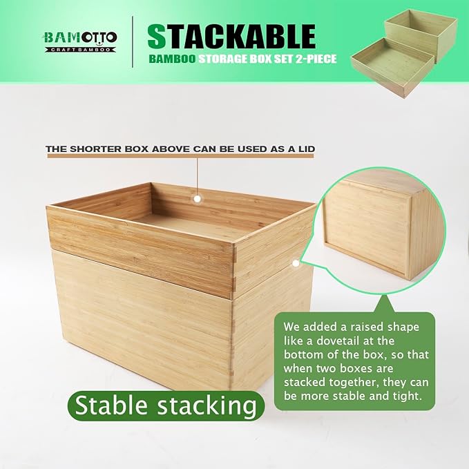 2-Piece Large Bamboo Storage Box Set, 7.1 in High Stackable Deep-Drawer Organizer for Kitchen Cutlery, Utensils & Knives, Lidless Wooden Bin for Homes & Offices (14.6"x10.2"x7.1"+14.6"x10.2"x3.1")
