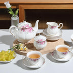 Sweejar Porcelain Tea Sets, Vintage British Floral Relief Gold Rimmed Teapot Cup and Saucer Set, Tea Set Service for 6, with Teapot, Sugar Bowl, Milk Jug, Spoons, Tea Cup and Saucer (Flower)