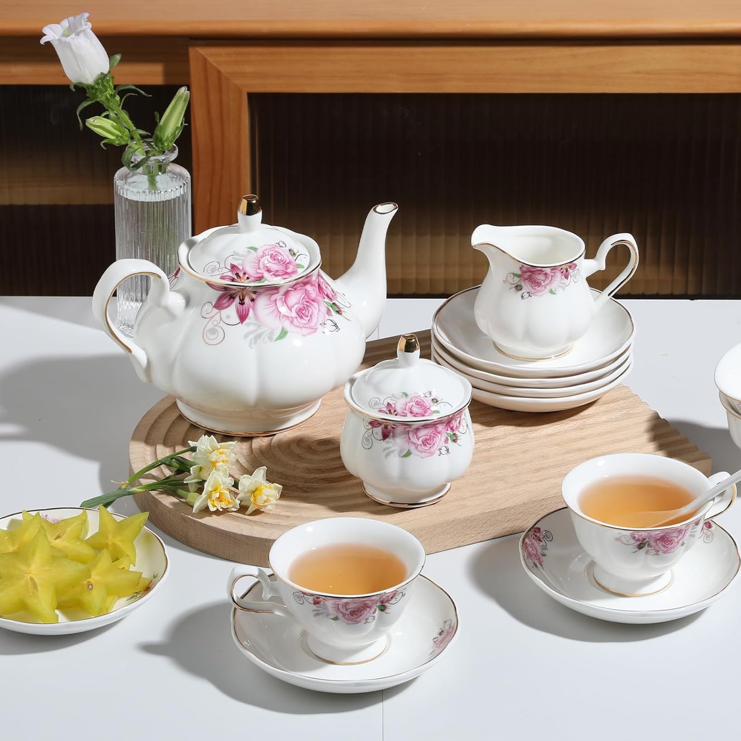 Sweejar Porcelain Tea Sets, Vintage British Floral Relief Gold Rimmed Teapot Cup and Saucer Set, Tea Set Service for 6, with Teapot, Sugar Bowl, Milk Jug, Spoons, Tea Cup and Saucer (Flower)