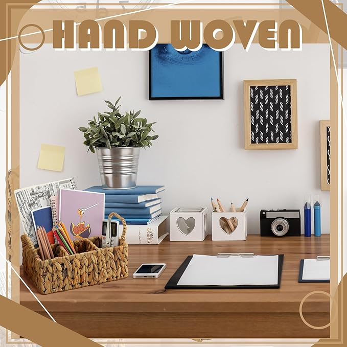 Glenmal Wicker Flatware Storage Basket Utensil Caddy Hand Woven Divided Cutlery Holder Kitchen Utensil Organizer Water Hyacinth Silverware Organizer with Handle for Countertop Party (Rectangular)