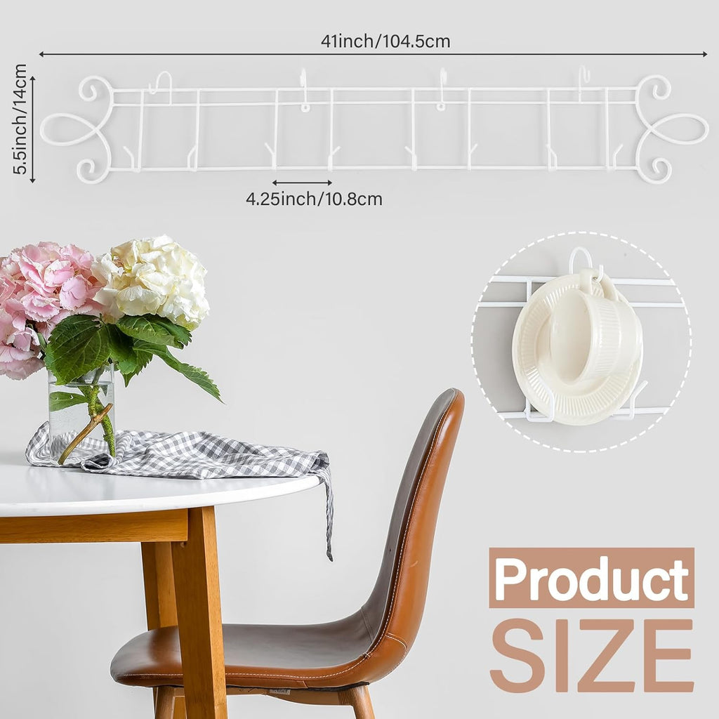 Blulu 2 Pcs 4-Tier Tea Cup & Saucer Display Stand - Horizontal Wall Mounted Organizer, Farmhouse White Brackets for Coffee Mugs/China Plates, Decorative Wall Plate Hangers, 45'' x 5.5''