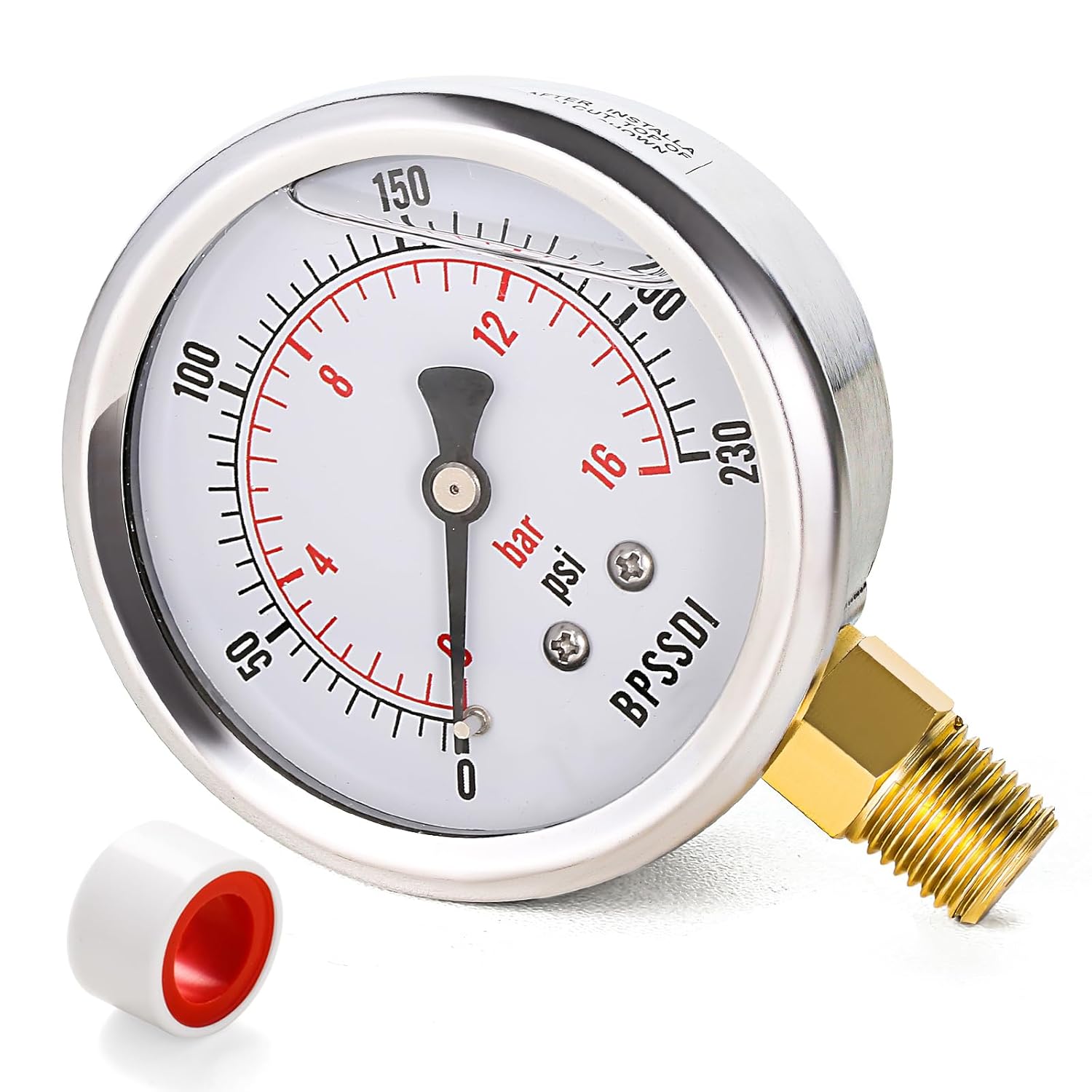 0-230 Psi Glycerin Liquid Filled Pressure Gauge, 2.5" Dial Size, 1/4" NPT Lower Mount, 304 Stainless Steel Case, for Pool Pump Sand Filter Air Compressor, Water Oil Air Pressure Test