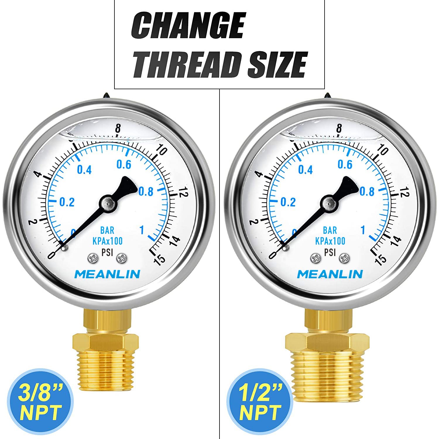 MEANLIN MEASURE 0~15Psi Stainless Steel 1/4" NPT 2.5" FACE DIAL Liquid Filled Pressure Gauge WOG Water Oil Air Lower Mount (Pack of 2), with 1/2" NPT and 3/8" NPT Hex Bushing