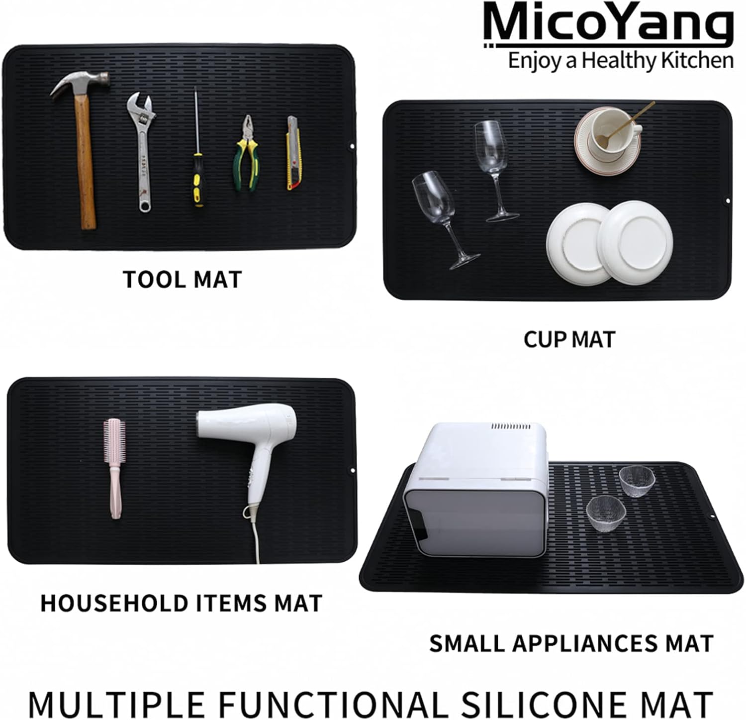 Silicone Dish Drying Mat for Multiple Usage,Easy clean,Eco-friendly,Heat-resistant Silicone Mat for Kitchen Counter or Sink,Refrigerator or Drawer Liner Black 4XL 32 inches x 18 inches