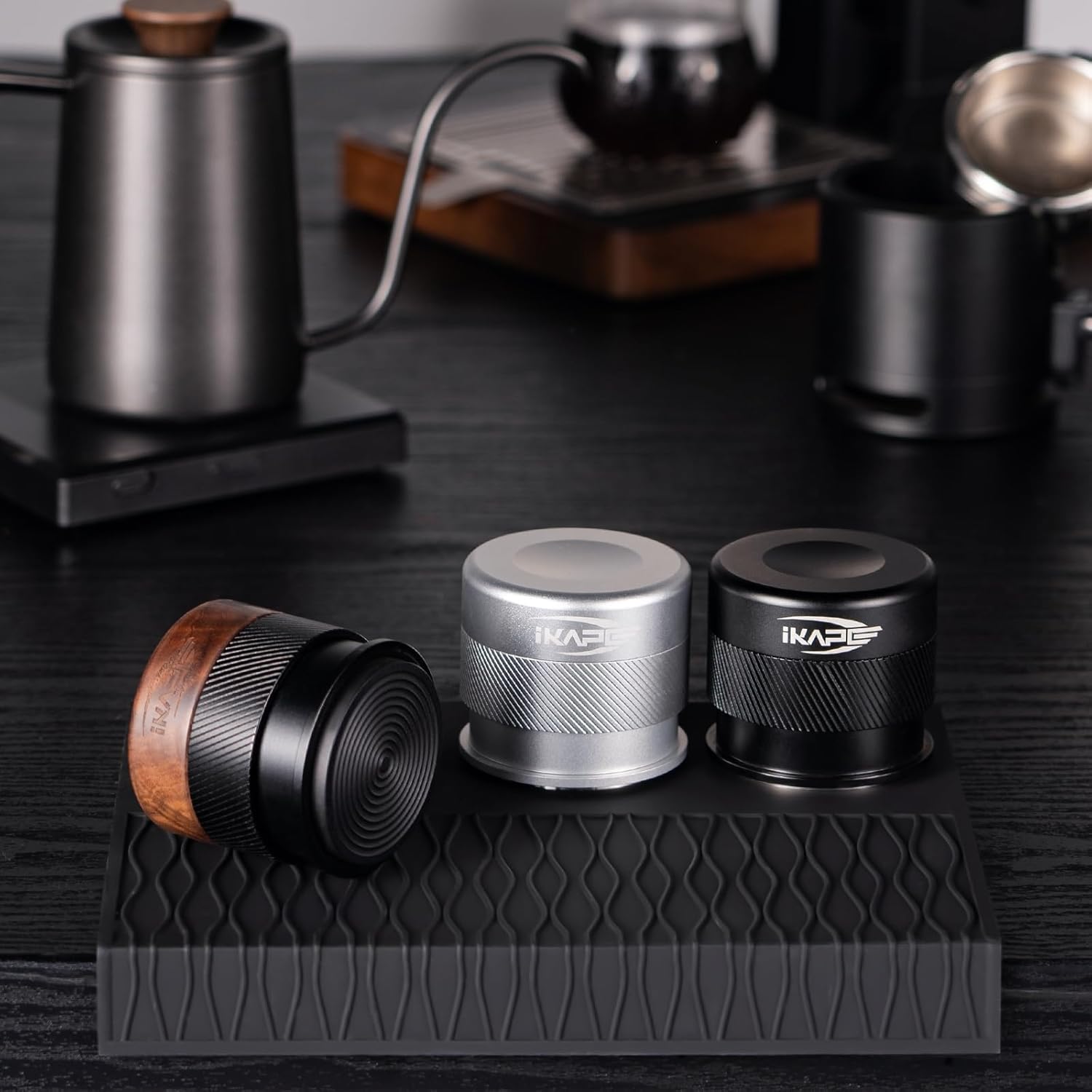 IKAPE 58MM Espresso Tamper, New Wooden Handle Design，Premium Barista Coffee Calibrated Tamper with Spring Loaded, 100% Stainless Steel Tamper Compatible with All 58MM Bottomless Portafilter