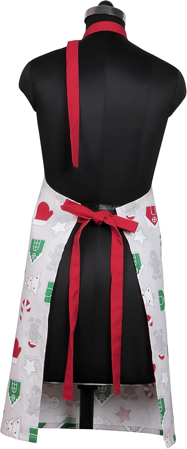 AMOUR INFINI Cotton Aprons for Women with Pocket, Adjustable Strap & Waist Ties - Washable Aprons for Baking, Cooking, Gardening (27.5 x 33 Inches - Christmas Fun)