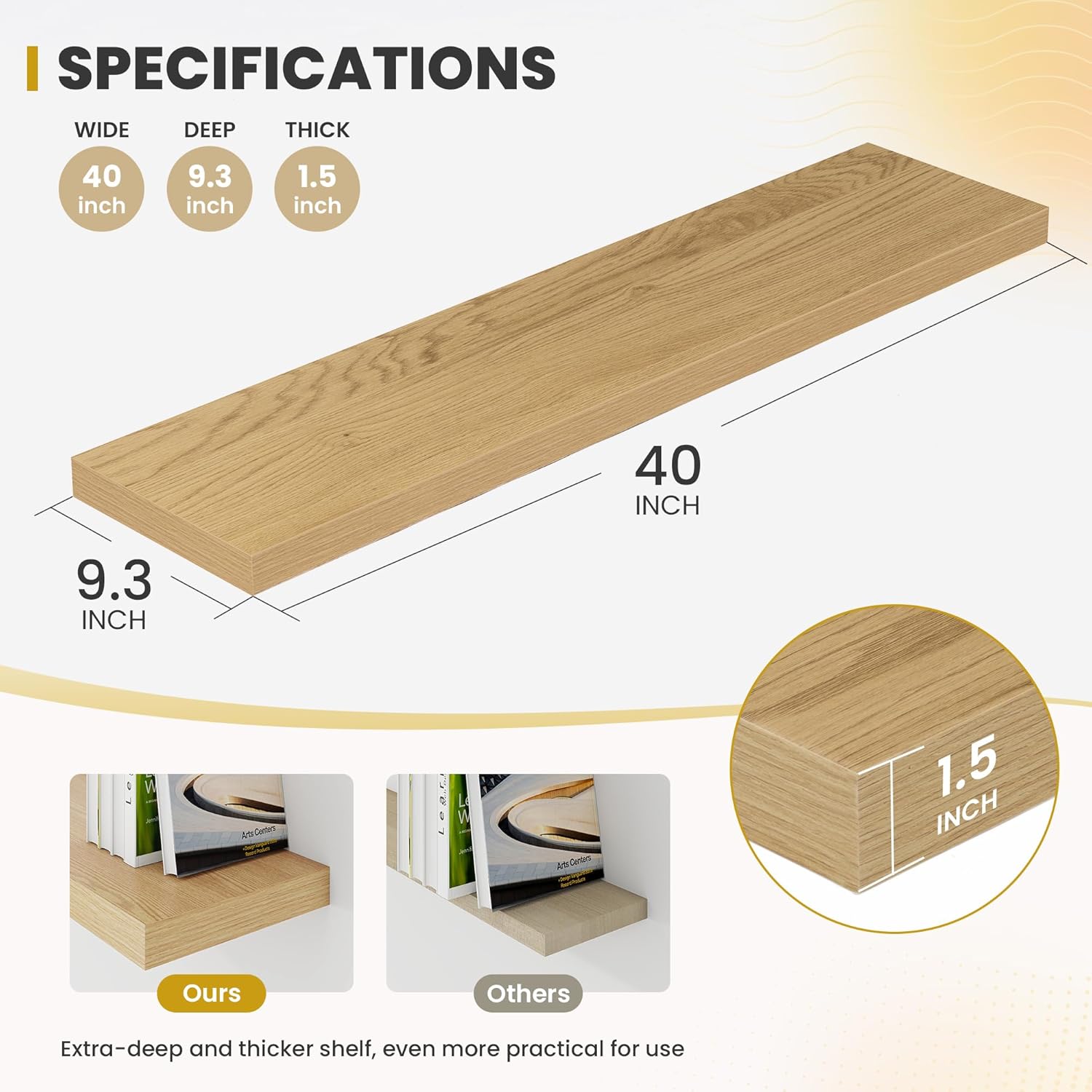 40 Inch Floating Shelves, 9.3" Deep Floating Shelf Wall Mounted, 40" Wall Shelves, Rustic Deep Bookshelf, Large Display Shelves & Storage Shelves for Bedroom, Living Room, Oak, Set of 2