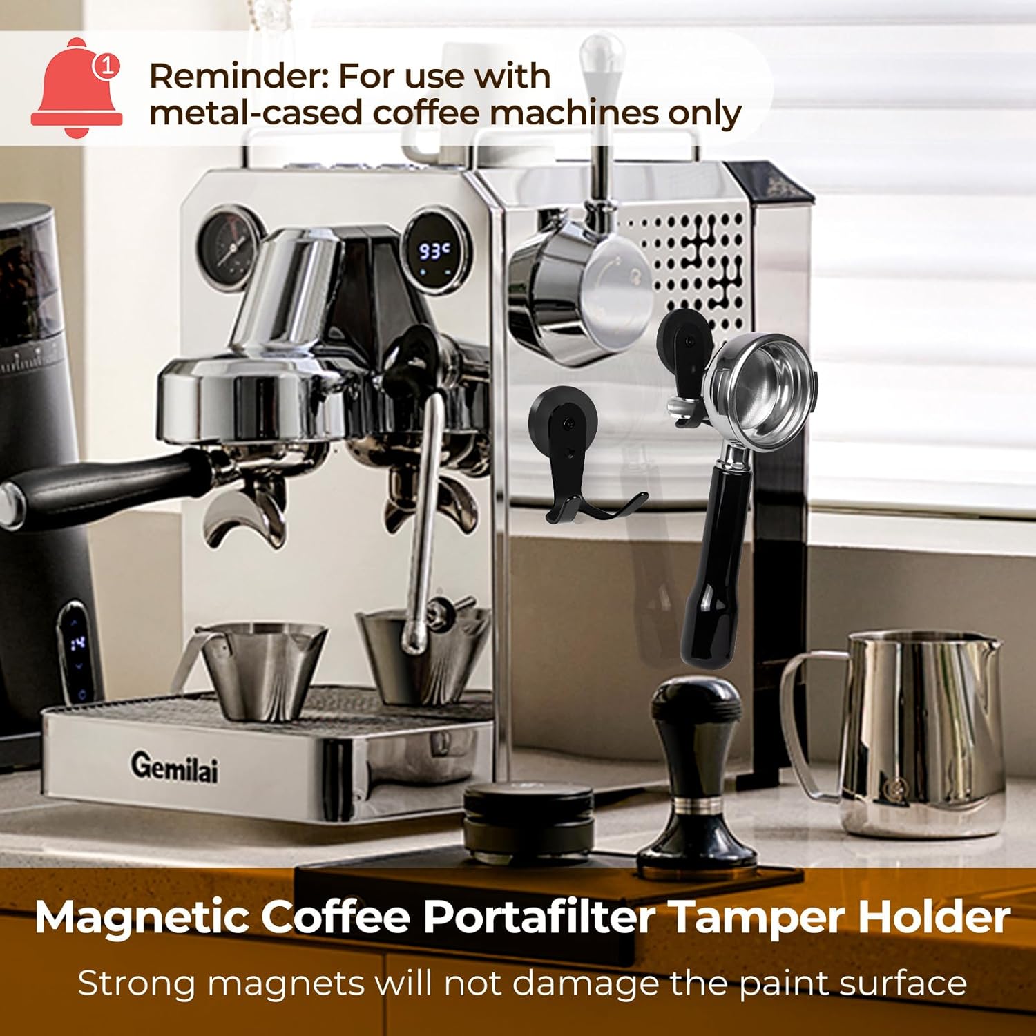 Magnetic Portafilter Holder for Espresso Machine, Coffee Tamper Organizer Rack with Powerful Magnet, Compatible with Breville/Rancilio, 51mm 53mm 58mm Portafilters, No Adhesive (Black)