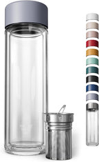 Glass Multi Tea Infuser Bottle 14oz - Double Wall Borosilicate Glass Flask | No Plastic Touches Contents | Perfect for Office or Home - Purple