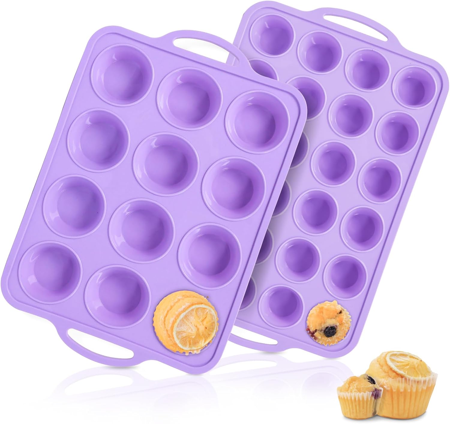 2 Pack Silicone Muffin Pan 12 and 24 Cup with Metal Frame, Non Stick Silicone Mini Cupcake Pan with Handles, BPA Free Silicon Regular Muffin Tin Tray Small for baking, egg bites, Mold Purple