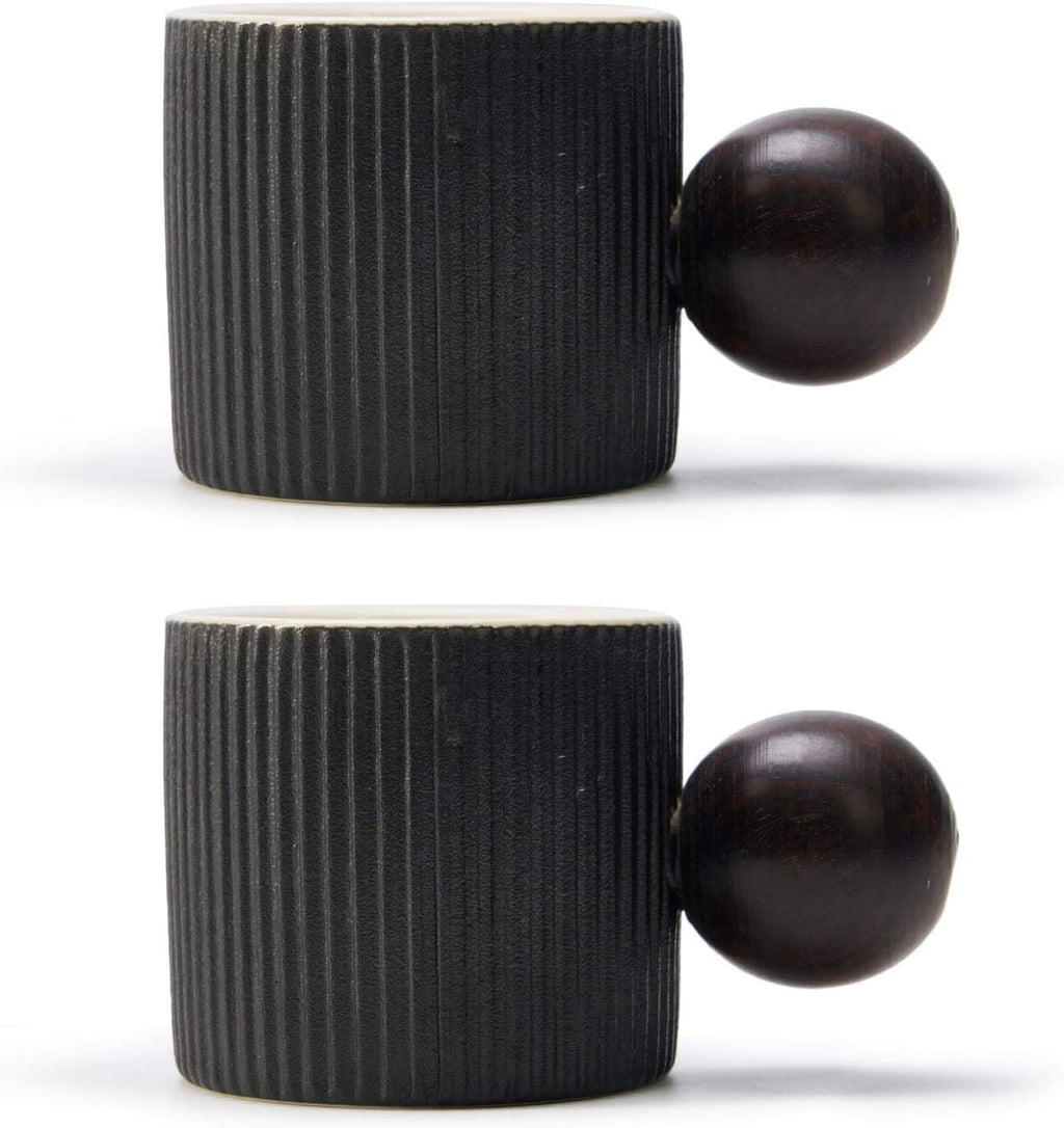 Ceramic Mini Espresso Cups Demitasse Cups with Round Wooden Handle Vertical Stripes Tea Cups (black, 2pcs)
