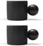 Ceramic Mini Espresso Cups Demitasse Cups with Round Wooden Handle Vertical Stripes Tea Cups (black, 2pcs)