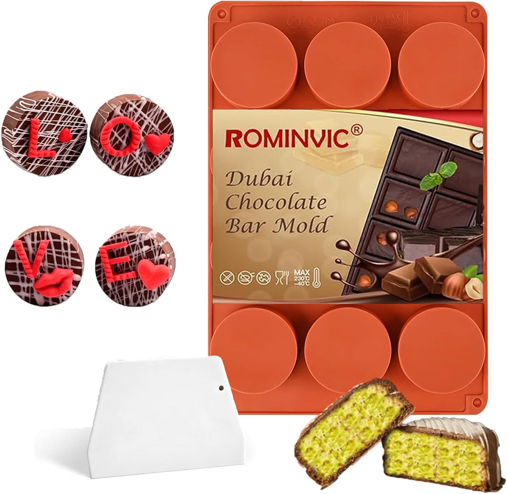Chocolate Molds,Dubai Chocolate Mold and Scraper for Stuffed Bar,Deep Round Fix Chocolate Candy Bar Mold for Filling Knafeh Pistachio Chocolate Bar Kit