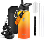 Insulated Water Bottle 32 oz, Triple Wall Vacuum Stainless Steel (Cold for 48 Hrs), Leak Proof & Non-BPA, Modern Water Flask Jug with Paracord Handle & Straw Spout Lids, Ombre Orange
