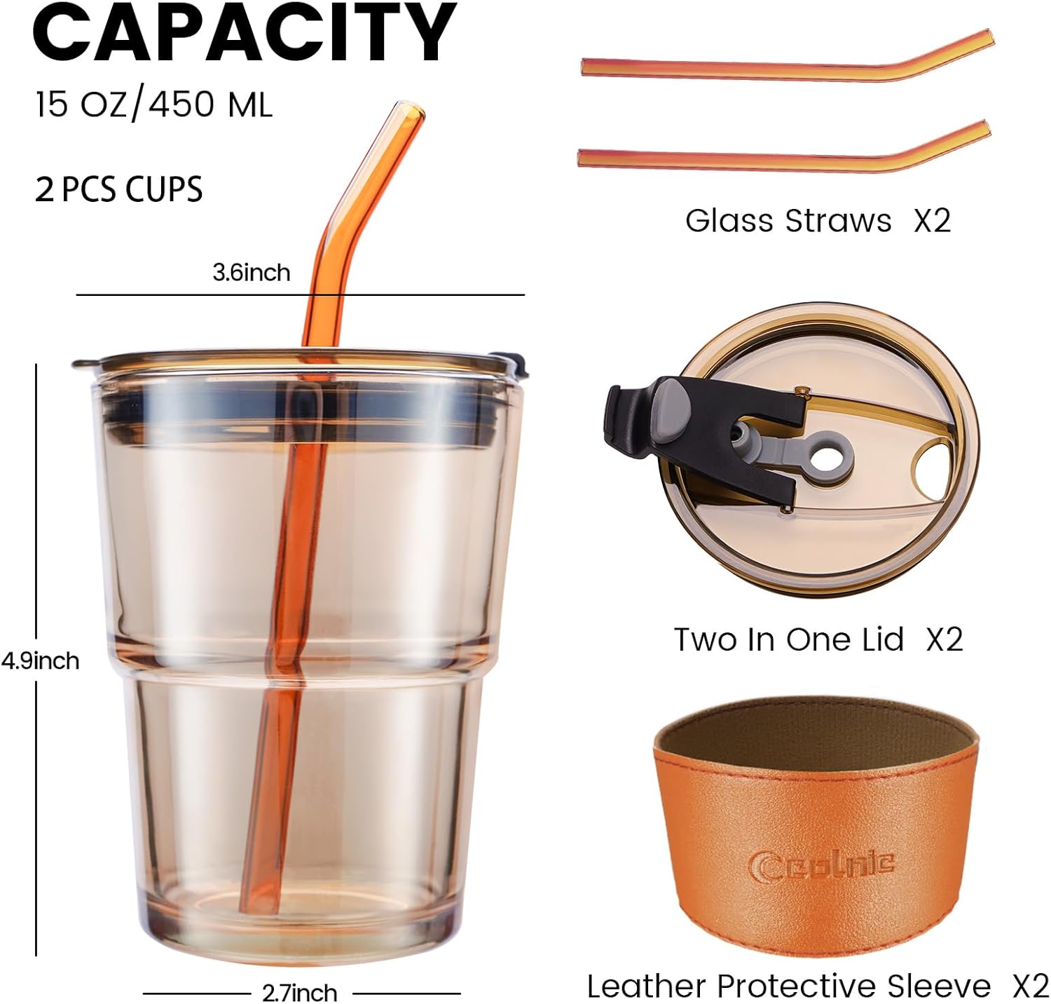 Iced Coffee Cup, 15Oz/450ml Glass Cups With Lids And Straws, Iced Coffee Glasses Tumbler, Thick Wall Glass Mug For Tea Water With 2 Straw And Leather Sleeve, Xmas Gifts (Amber 2PCS)