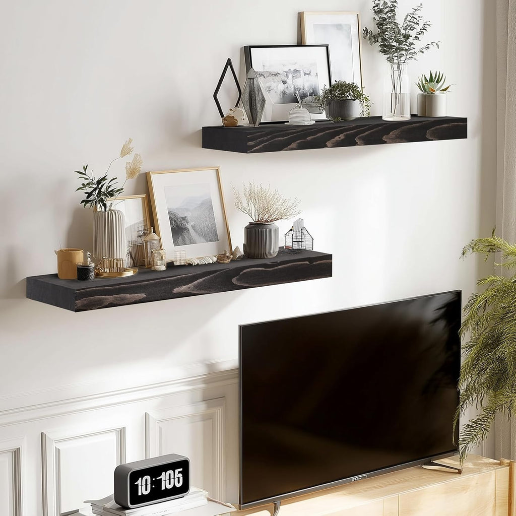 17x8x1.6 inch Floating Shelves Set of 2 – Solid Wood Rustic Black Wall Mounted Shelf for Kitchen, Bathroom, Living Room