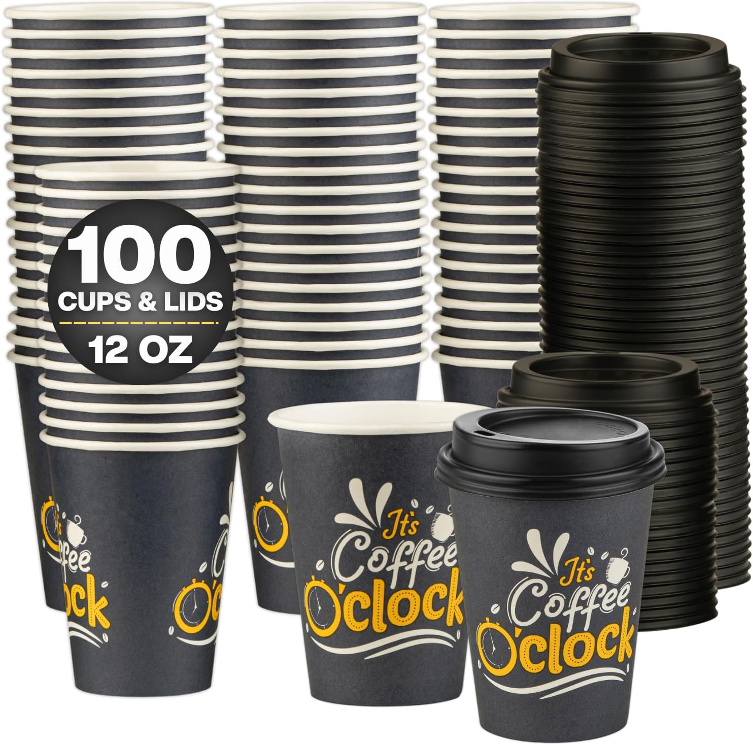 Smygoods Disposable Coffee Cups with Lids, To Go Paper Hot Cups, Coffee O'Clock Design (12 OZ, 100 Count) For Hot Beverages, Coffee, Tea, Espresso, Cocoa - Vasos Para Cafe