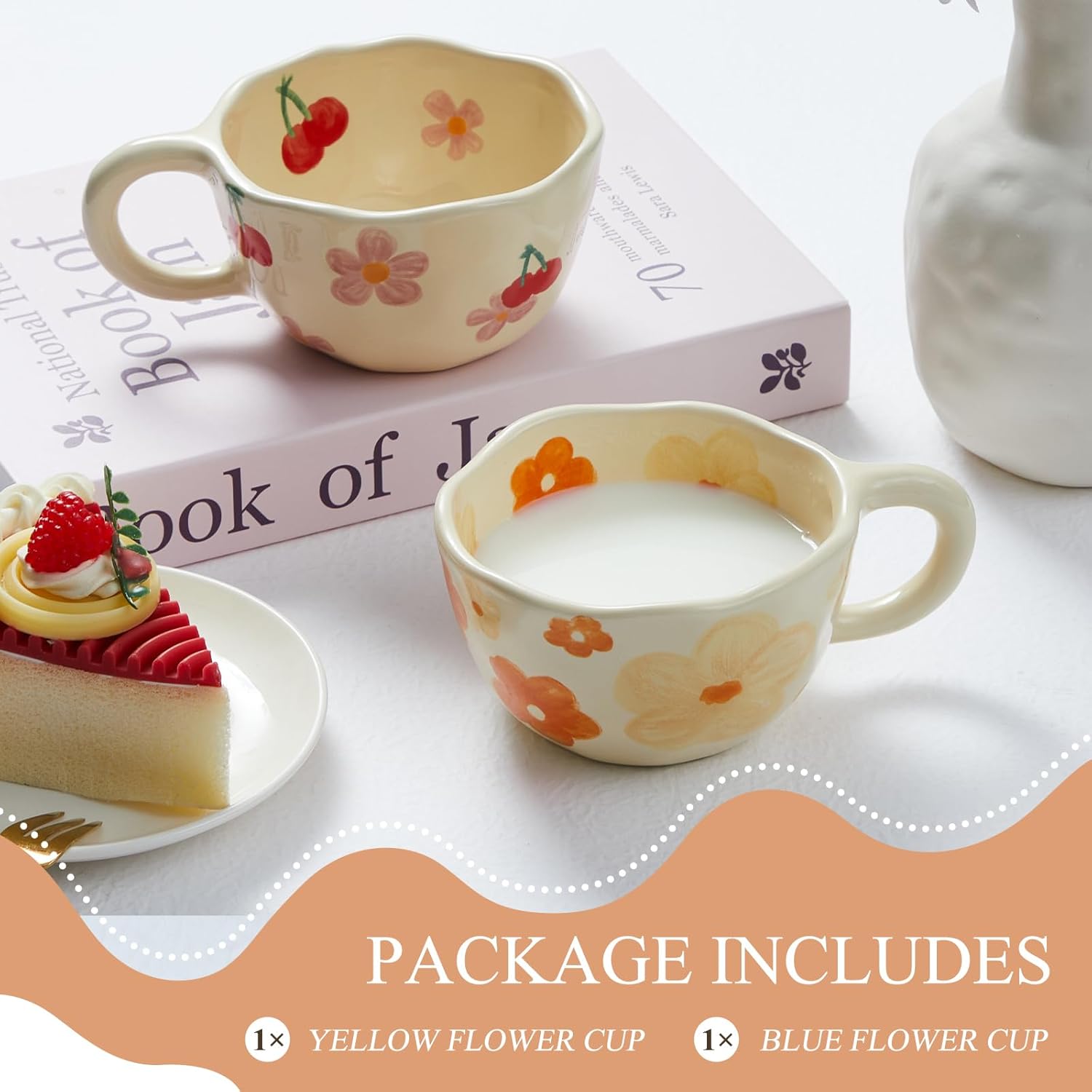 Vesici 2 Pcs Ceramic Coffee Mugs Flower Cups with Spoon Vintage Floral Mugs with Handle 8.5 oz Aesthetic Tea Porcelain Cup Gift for Valentine Office Home, Dishwasher and Microwave Safe(Fresh)