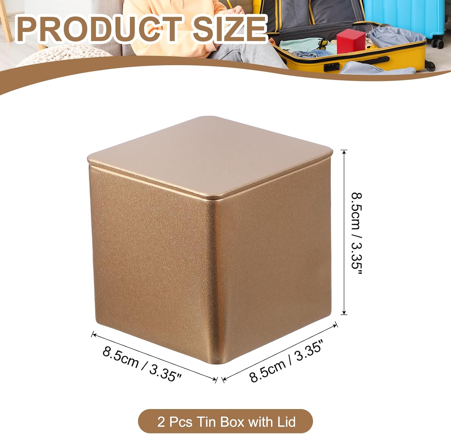 PATIKIL Metal Tea and Tin Set 3.35"x3.35"x3.35", 2 Pcs Metal Storage Airtight Storage Square Container with Lid for Loose Tea Coffee Candy Treats Gifts Spice DIY, Champagne