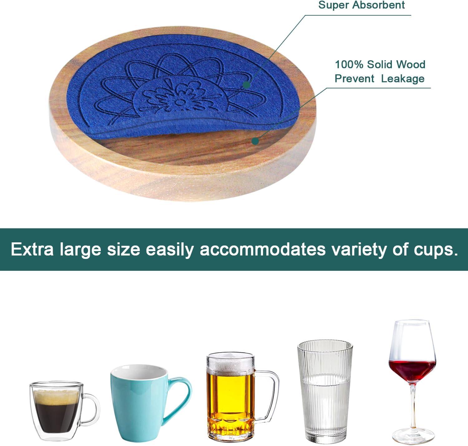 5 Pack Wood Coasters for Drinks, Minacun Absorbent Coaster Set, Drinks Coasters for Coffee Tabletop Protection, Non-Slip, Non-Stick, Suitable for Kinds of Cups Wooden Table Drink, 4.3 Inch Blue