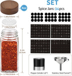 Yangbaga 34Pcs Glass Spice Jars with Labels-4oz Acacia Wood Lid Square Spice Containers with Pepper Grinder Lids &Funnel,Seasoning Jars for Rack Cabinet Drawer