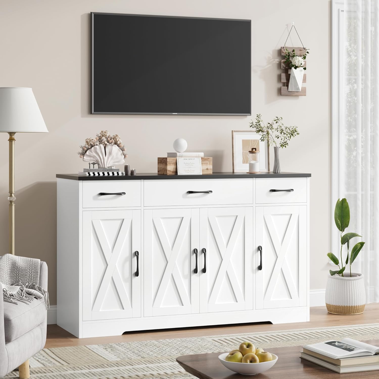 HOSTACK Buffet Sideboard Cabinet with Drawers, 55" Large Buffet Storage Cabinet with Shelves and Doors, Modern Farmhouse Coffee Bar Station Wood Kitchen Table for Kitchen, Dining Room, White/Black