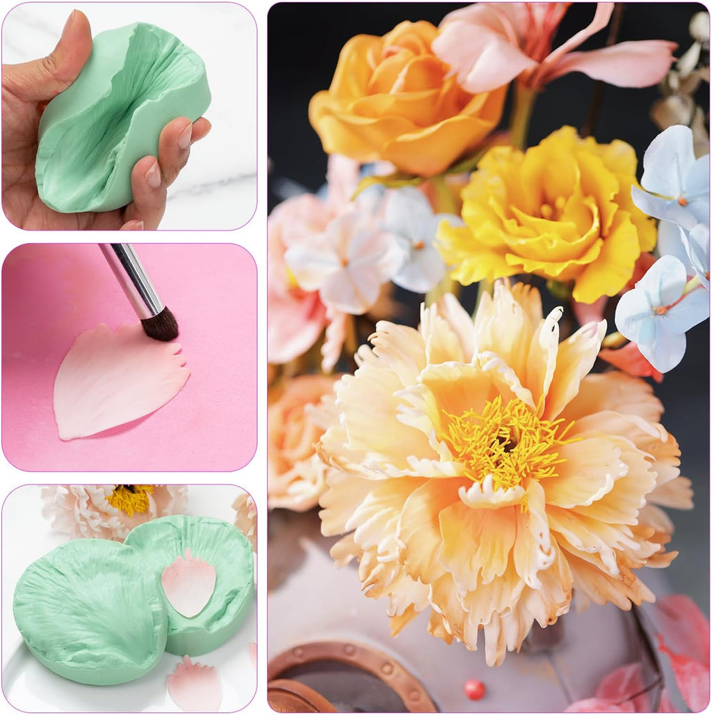 KALAIEN Flower Silicone Mold, 10 Pcs Gumpaste Cutters, 2 Pcs Peony Petal Fondant Veining Molds for Sugarcraft Flower Decorating Mold