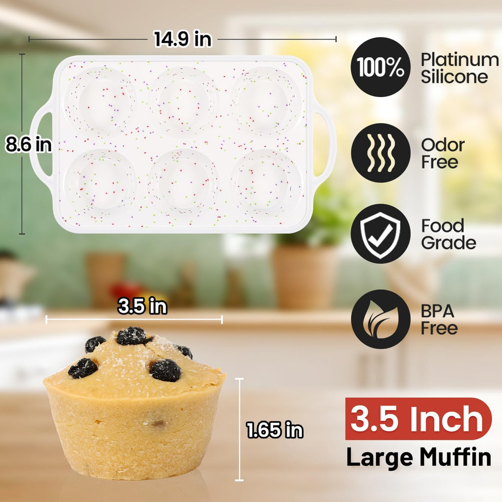 CAKETIME Large Muffin Pan, Metal Reinforced Frame 3.5 Inch Jumbo Silicone Muffin Pan Nonstick 6 Cups for Baking Jumbo Muffin, Frittatas, Jumbo Cupcakes 2 Pack