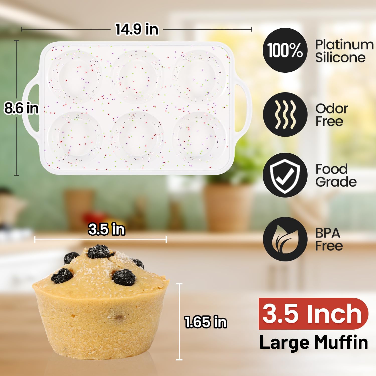 CAKETIME Large Muffin Pan, Metal Reinforced Frame 3.5 Inch Jumbo Silicone Muffin Pan Nonstick 6 Cups for Baking Jumbo Muffin, Frittatas, Jumbo Cupcakes 2 Pack
