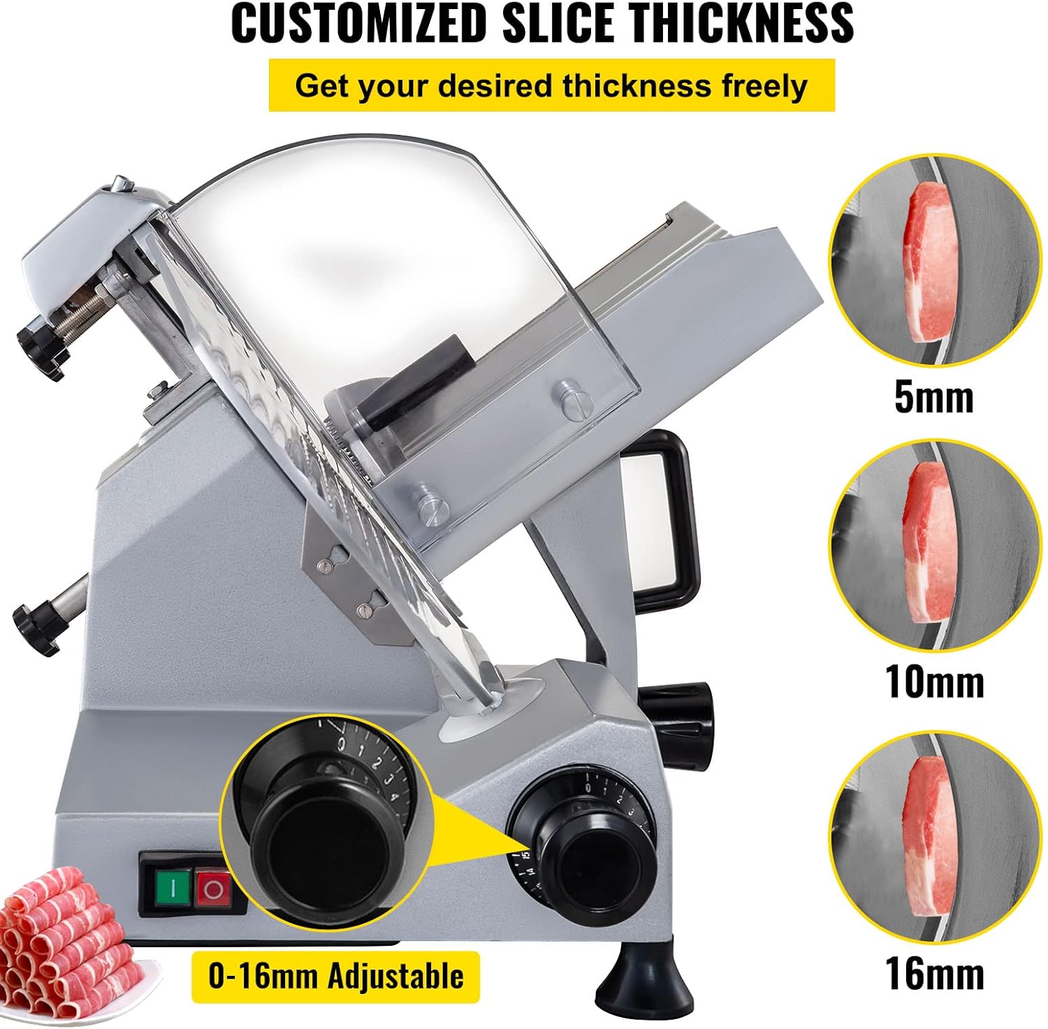 VEVOR Commercial Meat Slicer, 320W Electric Deli Food Slicer, 12 inch Carbon Steel Blade Electric Food Slicer, 350-400RPM Meat Slicer, 0-0.6 inch Adjustable Thickness for Cheese, Veggies, Ham
