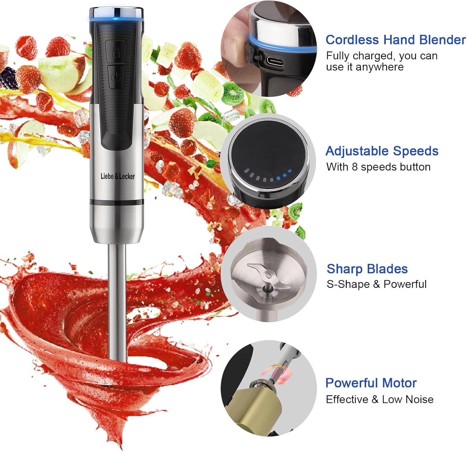 Liebe&Lecker Cordless Hand Blender, Immersion Blender Handheld USB Rechargeable 8 Variable Speeds with Whisk, Milk Frother Attachments, Portable Stick mixed for Milkshakes, Smoothies & Soups.