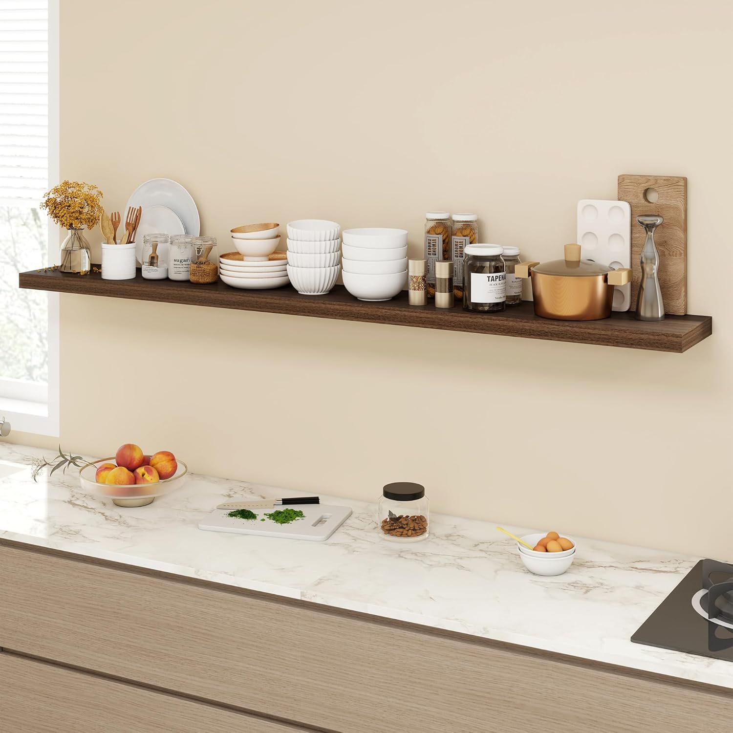 72 Inch Floating Shelves, 9.3" Deep Floating Shelf Wall Mounted, 72" Wall Shelves, Rustic Deep Bookshelf, Large Display Shelves & Storage Shelves for Bedroom, Living Room, Walnut, Set of 1