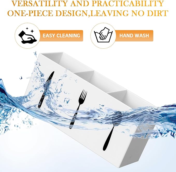Suzile Acrylic Cutlery Storage Organizer Bin Silverware Caddy Countertop Knife Spoon and Fork Holder Kitchen 3 Section Tableware Storage Box for Cabinet Indoor Home Flatware Dining Room(White,L)