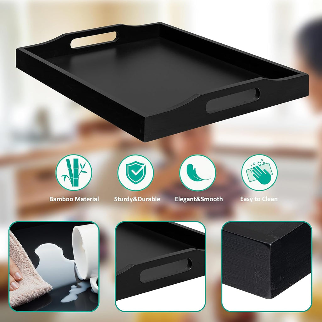 Bamboo Food Serving Tray with Handles, Breakfast Bed Tray for Tea,Snack,Dinner, Home Decorative Storage Food, Platter, Ottoman for Kitchen Counter, Bathroom, Restaurant (Black)